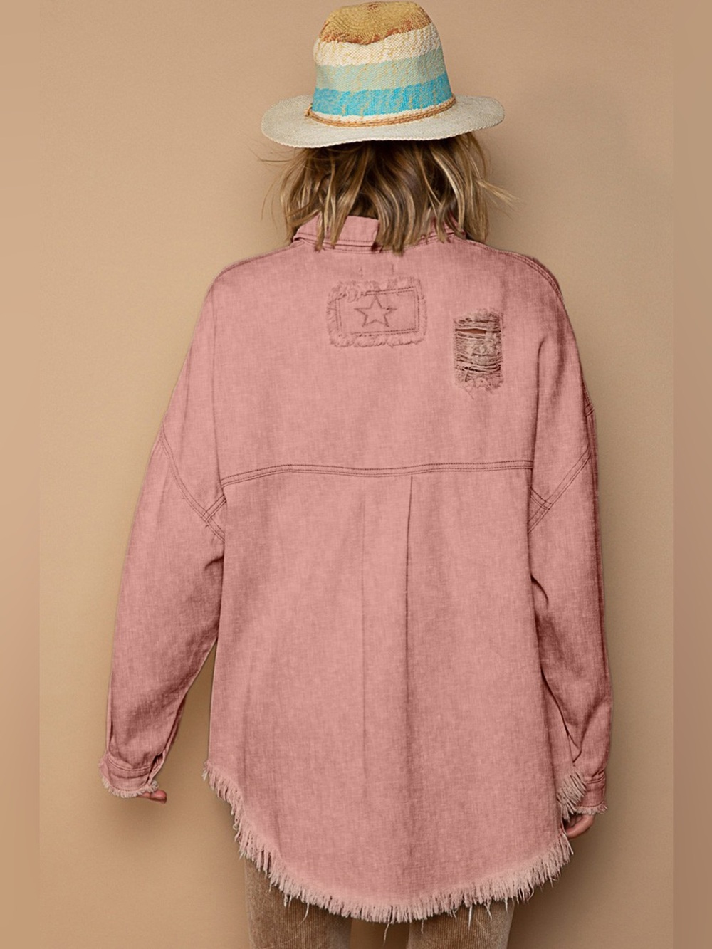POL Button Down Raw Hem Distressed Shacket - Picture 2 of 3
